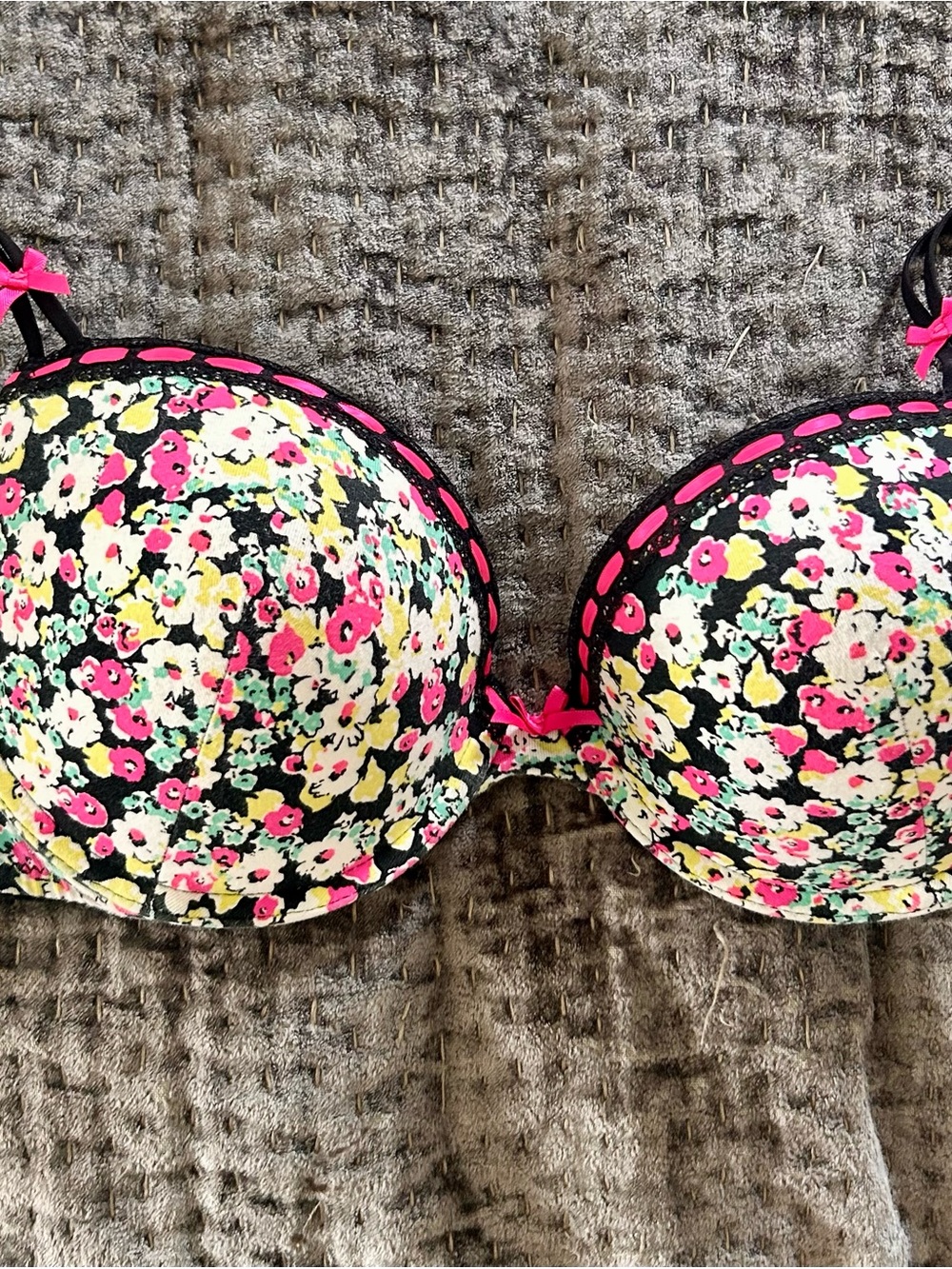 La SENZA Black Floral Padded Bra with Pink & Yellow Accents
